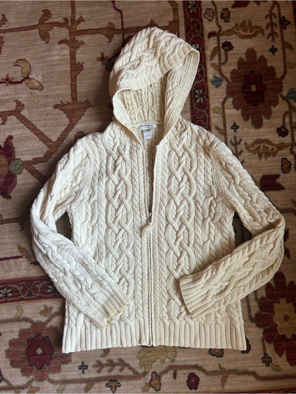Vintage Y2K Jones New York Cream Cable-Knit Hooded Zip Cardigan